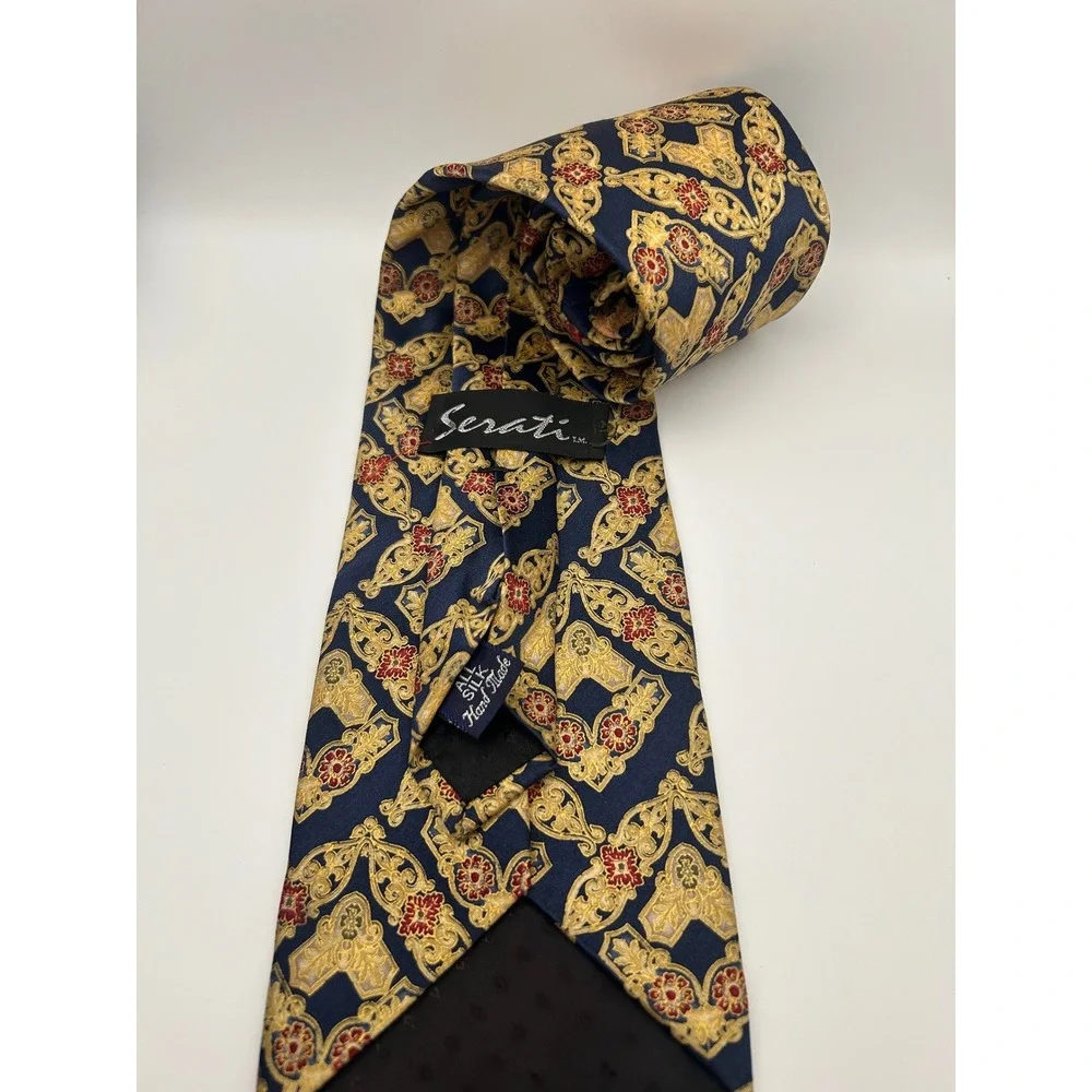 Serati Mens Silk Tie Navy Blue Gold Red Baroque Medallion Handmade Geometric 4in